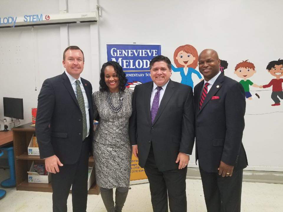 Sen. Andy Manar, Sen. Kimberly A. Lightford, Governor-elect J.B. Pritzker, Rep. Emanuel Chris Welch